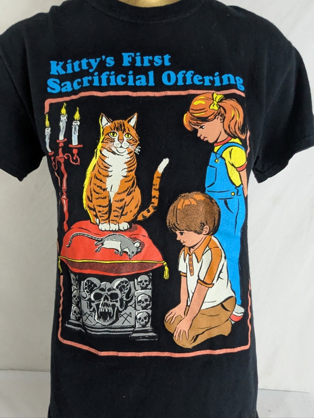 Kitty's First Sacrificial Offering Dark Humor Black Tshirt Size Small